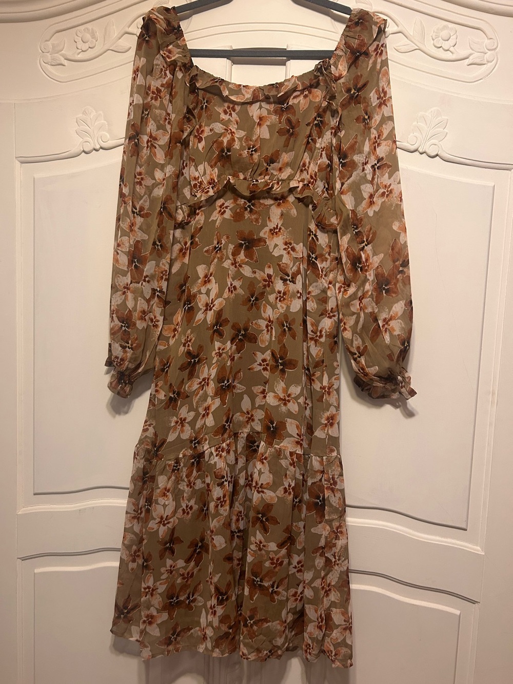 Lumiere Olive Floral Long-Sleeve Ruffle Midi Dress